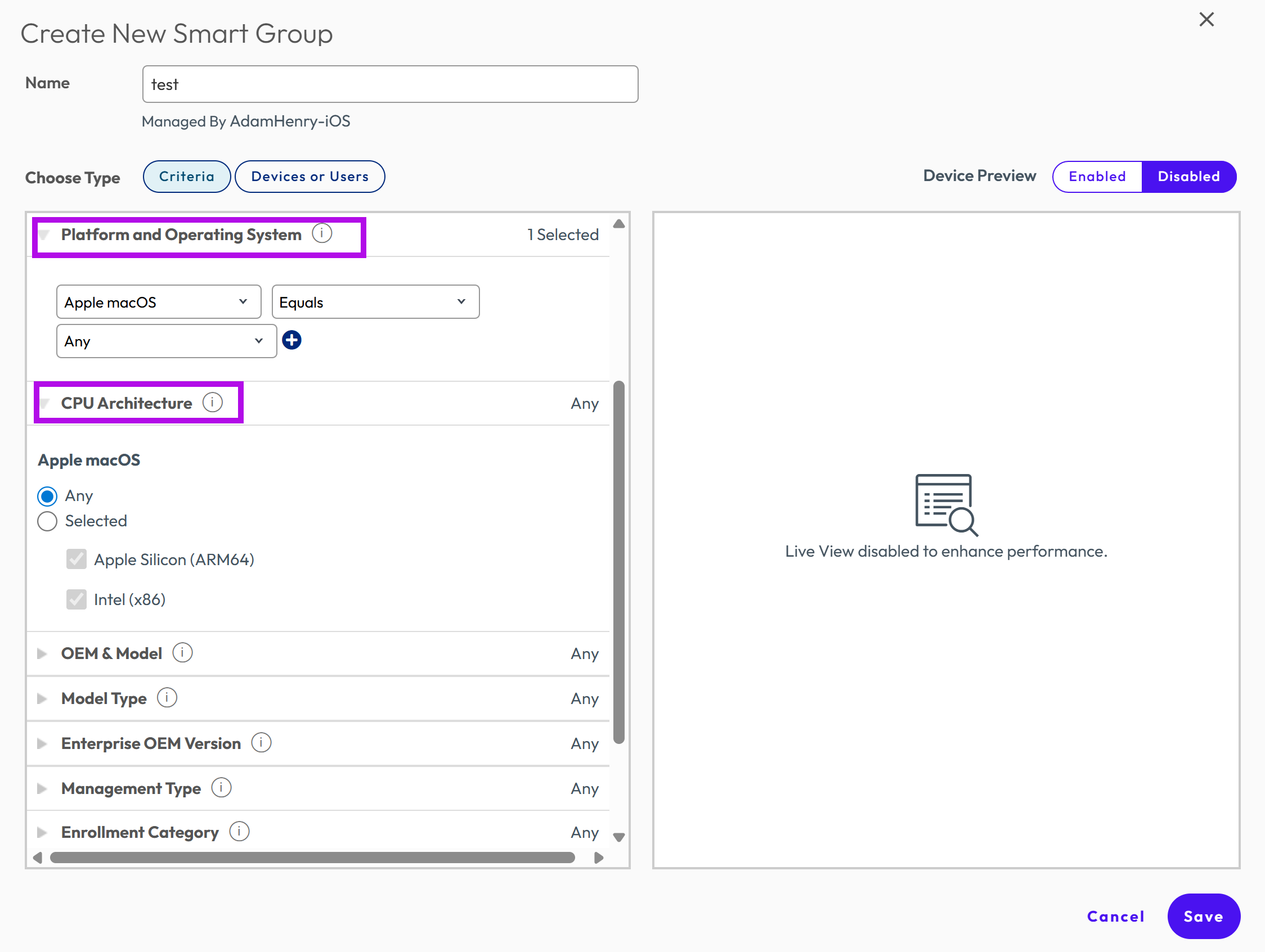The Create a new Smart Group user interface showing Platform and operating system and CPU Architecture option highlighted.