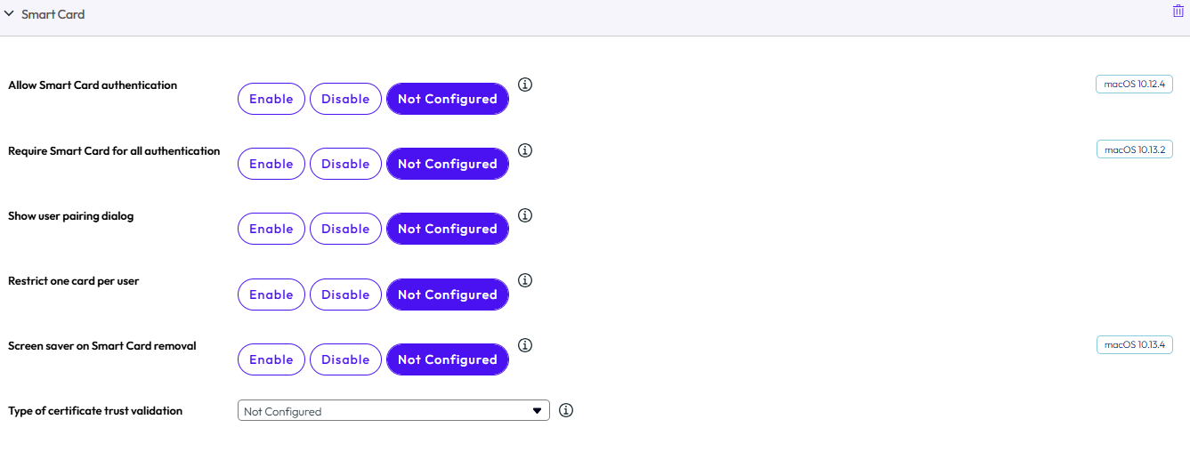 The smart card payload page displays options for smart card authentication