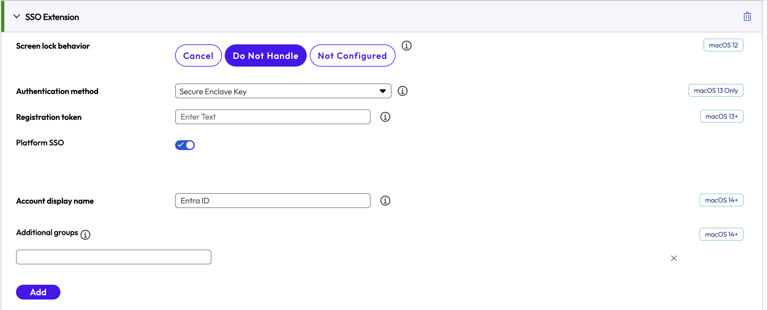 The SSO extension payload displays option to configure SSO extensions for specific apps