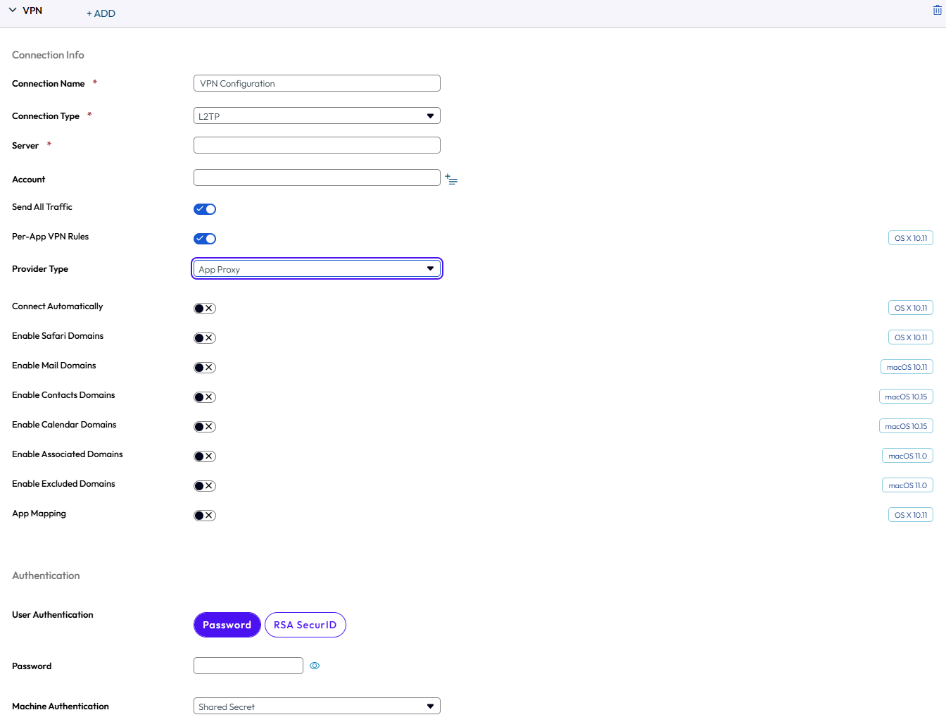 The VPN payload displays authentication and proxy setup options