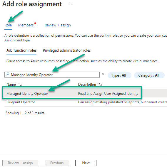 Screenshot of the Role tab after searching for Managed Identity Operator Screenshot of the Role tab after searching for Managed Identity Operator