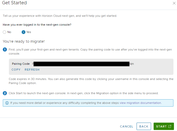 Screenshot of the Get Started step with Yes selected and the pairing code redacted. Screenshot of the Get Started step with Yes selected and the pairing code redacted.