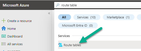 Screenshot of searching for route tables in Azure portal Screenshot of searching for route tables in Azure portal