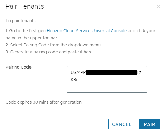 Screenshot of the Pair Tenants window with a redacted code in the Pairing Code field.