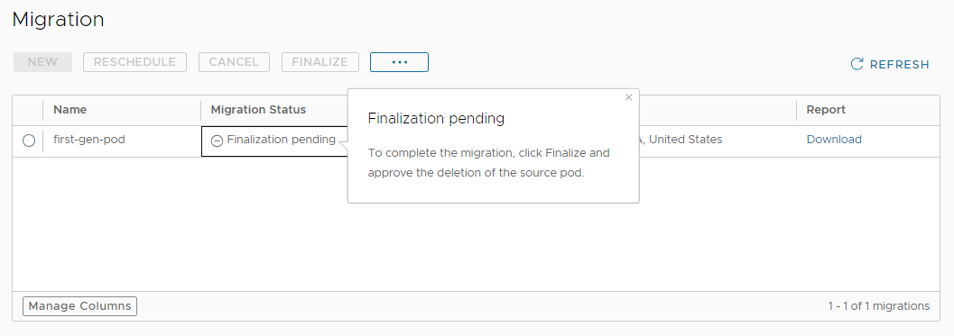 Screenshot of the new status at the end of the maintenance window activities