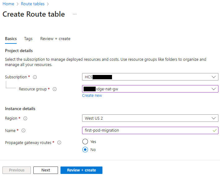 Screenshot of the Create Route table wizard Screenshot of the Create Route table wizard