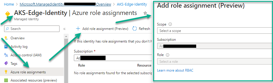 Screenshot of getting to the Add role assignment form for the managed identity. Screenshot of getting to the Add role assignment form for the managed identity.