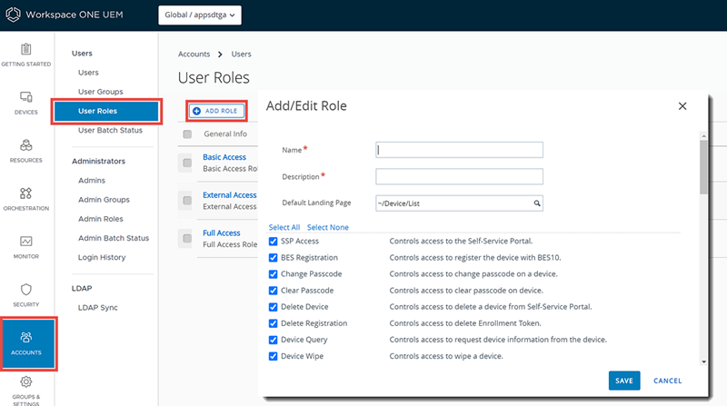 Deze schermafbeelding toont het scherm Toevoegen/bewerken voor de pagina Accounts en Gebruikersrollen, waarmee u een gebruikersrol kunt maken.