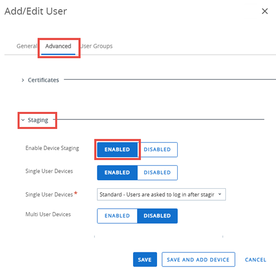 Deze schermafbeelding toont het scherm Gebruiker bewerken toevoegen, waarmee u instellingen voor voorbereide inrichting kunt configureren voor alle eindgebruikers van het toestel.