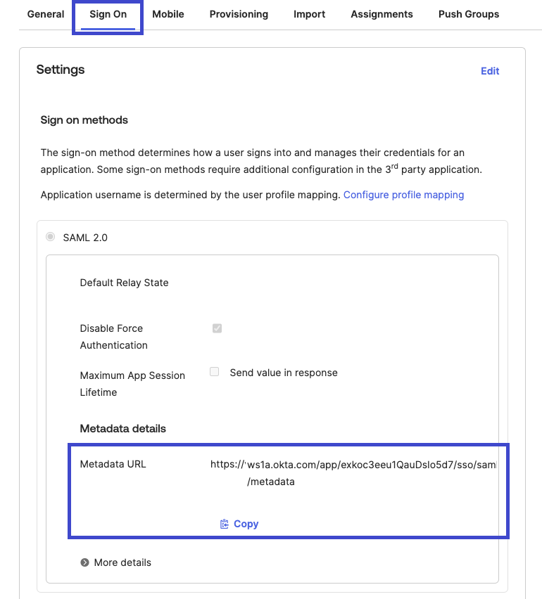 Imagem da guia de login no Okta na qual você pode copiar a URL de metadados. Imagem da guia de login no Okta na qual você pode copiar a URL de metadados.