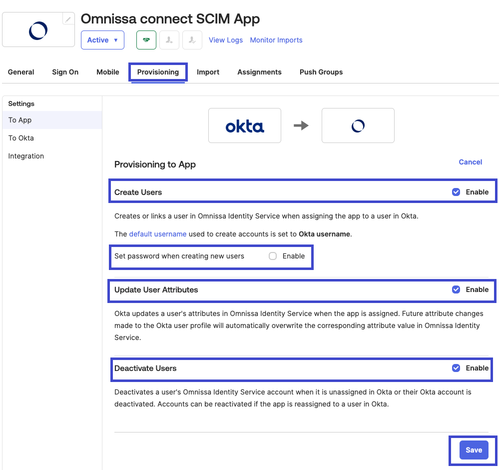 Imagem das configurações para provisionamento de usuários no Okta. Imagem das configurações para provisionamento de usuários no Okta.