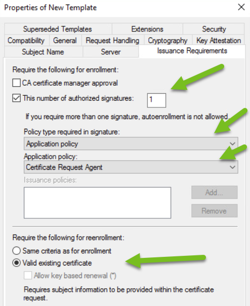 Captura de tela da guia Requisitos de Emissão com setas verdes apontando para as configurações-chave. Captura de tela da guia Requisitos de Emissão com setas verdes apontando para as configurações-chave.