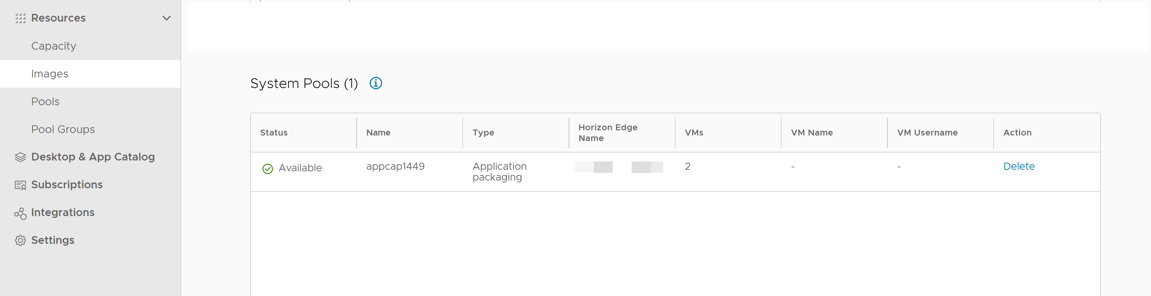 A seção Pools do Sistema exibe informações sobre o status do pool, nome, Horizon Edge no qual o pool está presente, número de VMs no pool e assim por diante. A seção Pools do Sistema exibe informações sobre o status do pool, nome, Horizon Edge no qual o pool está presente, número de VMs no pool e assim por diante.