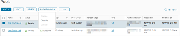 Um pool selecionado com o menu suspenso Provisionamento exibido.