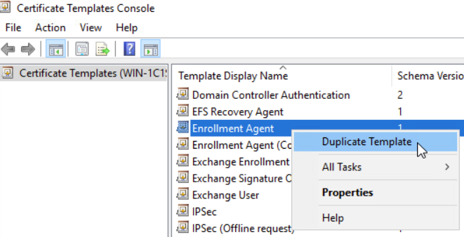Captura de tela do menu ativado com o botão direito do mouse em Agente de Inscrição e a opção de menu Duplicar Modelo Captura de tela do menu ativado com o botão direito do mouse em Agente de Inscrição e a opção de menu Duplicar Modelo
