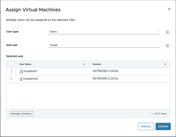 A caixa de diálogo Atribuir Máquinas Virtuais com uma lista de dois usuários.
