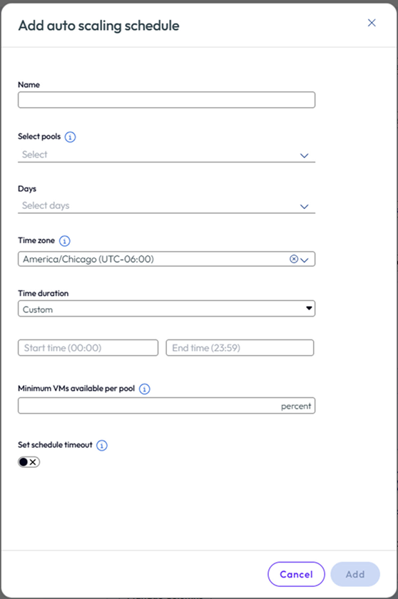 No console, em grupo de pools, são exibidas as opções para adicionar uma agenda de gerenciamento de energia. No console, em grupo de pools, são exibidas as opções para adicionar uma agenda de gerenciamento de energia.