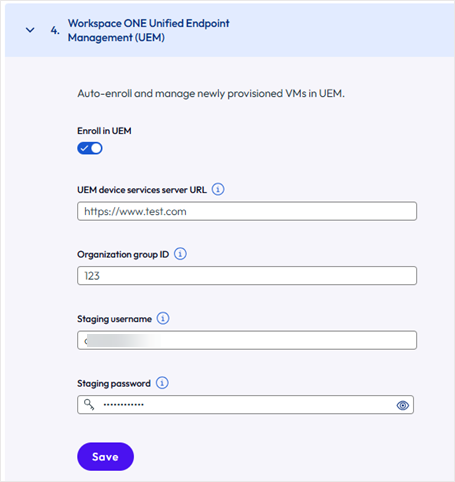 No console, em Pools e Editar um Pool, as opções da Etapa 4: Workspace One UEM são expandidas para mostrar todas as opções a serem configuradas.