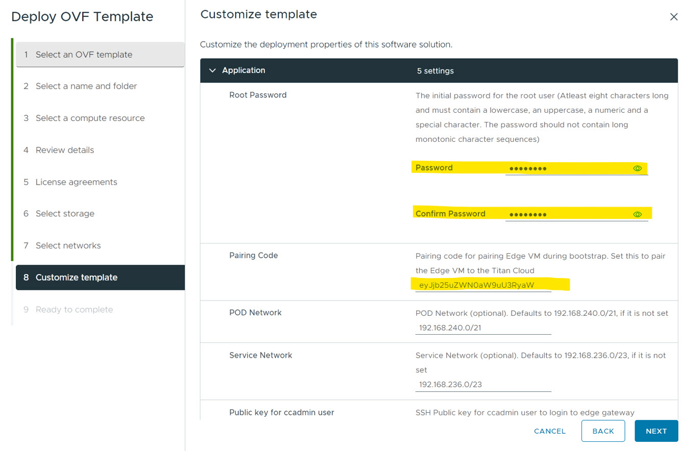 Assistente de implantação do vSphere mostrando a seleção do modelo OVA com o repositório de dados e a configuração de rede