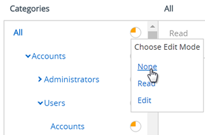 Esta captura de tela parcial mostra a tela Funções do Administrador e como você pode alterar todas as permissões em uma subcategoria selecionando o gráfico de pizza laranja e escolhendo entre nenhum, ler e editar.