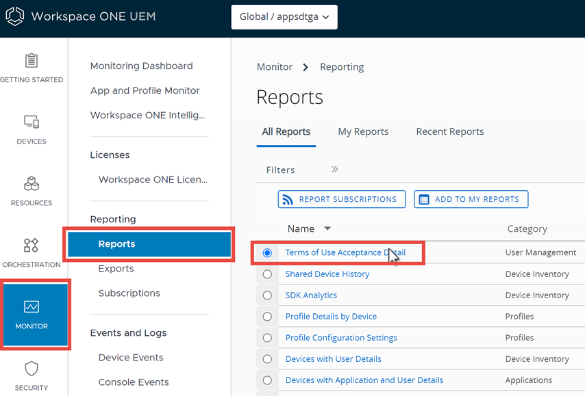 Essa captura de tela mostra Monitor, Exibição de Lista de Relatórios, que permite rastrear quais usuários aceitaram (e não aceitaram) o TOU. Essa captura de tela mostra Monitor, Exibição de Lista de Relatórios, que permite rastrear quais usuários aceitaram (e não aceitaram) o TOU.