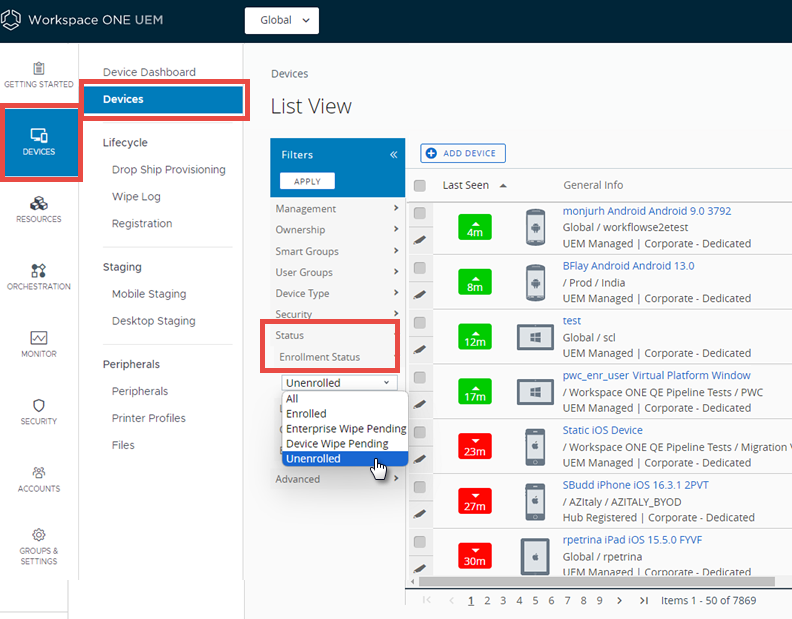 Essa captura de tela mostra a Exibição de Lista de Dispositivos com o filtro de status não inscrito realçado, que é a primeira etapa para acessar os logs de solução de problemas feitos antes do cancelamento da inscrição dos dispositivos.