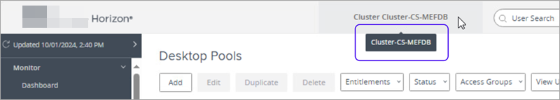 Nome do cluster do pod exibido no Horizon Console