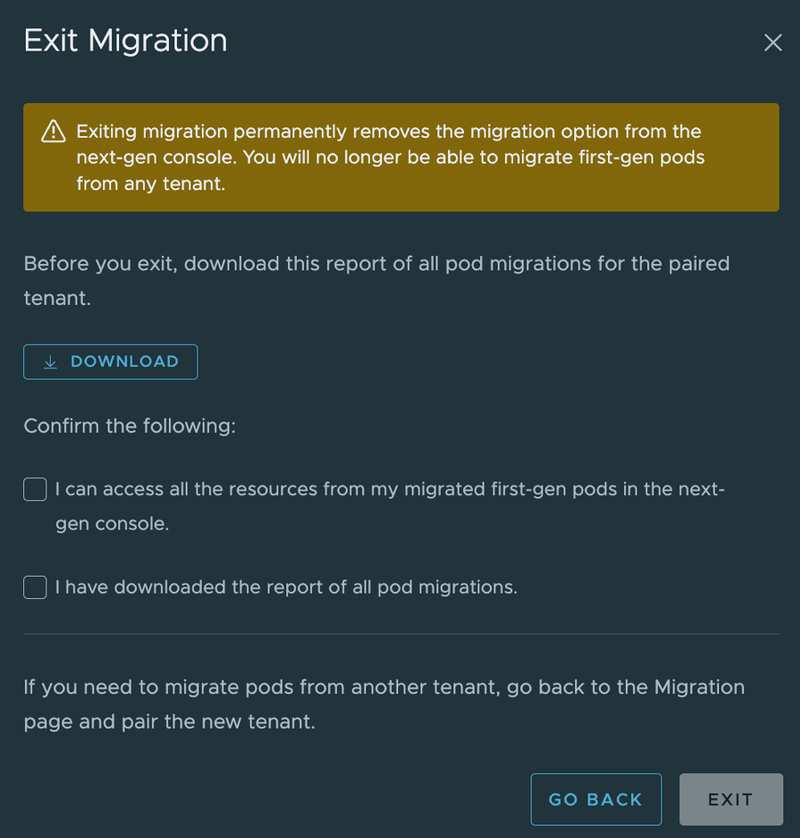 Captura de tela da janela Sair da migração.