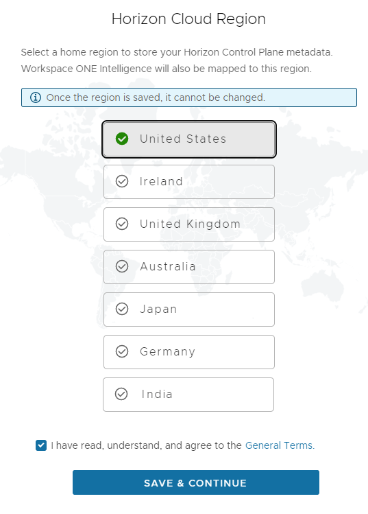 Captura de tela da interface de seleção de região da camada de controle para Horizon Cloud Captura de tela da interface de seleção de região da camada de controle para Horizon Cloud