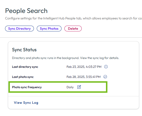 O cartão Status de Sincronização do People Search com a frequência de sincronização de fotos destacada.