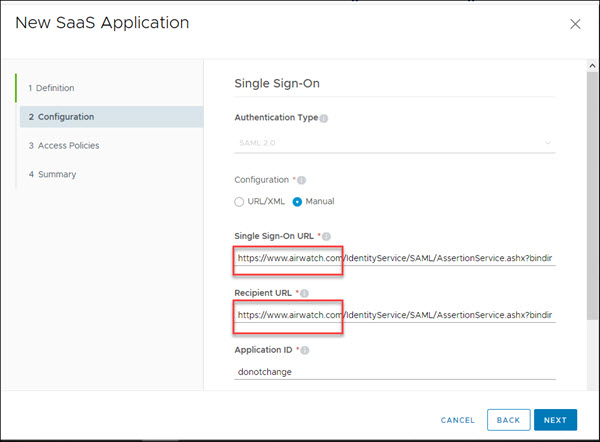 Captura de tela da página de Single Sign-On mostrando os campos de URL