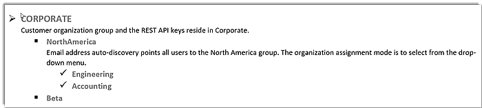 Exemplo 5 Captura de tela mostrando os grupos configurados na estrutura de grupos da organização corporativa.