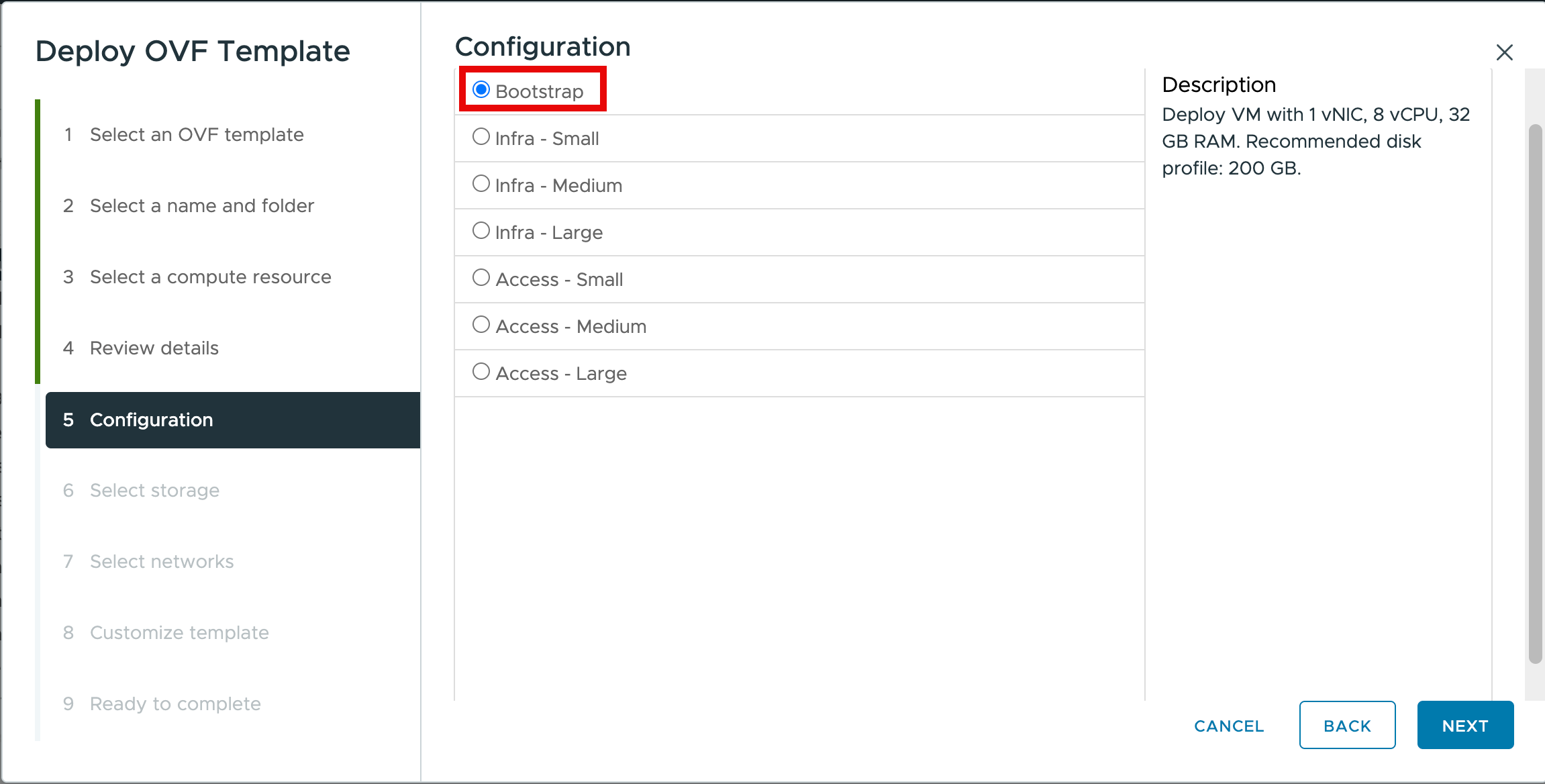 Etapa de configuração com Bootstrap selecionado, mostrando o dimensionamento de 1 vNIC, 8 vCPU e 32 GB de RAM