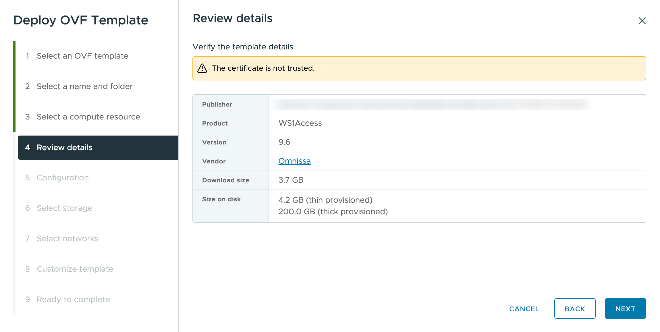 Revisar detalhes Etapa Revisar detalhes mostrando o WS1Access versão 9.6 da Omnissa, com aviso de certificado não confiável