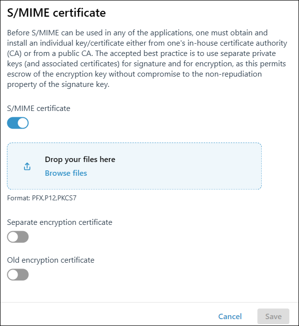Caixa de diálogo de certificado S/MIME com a opção de certificado S/MIME selecionada
