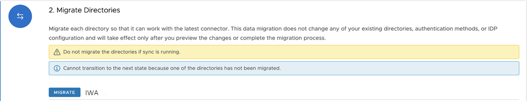O painel Migrar Diretórios no Dashboard de Migração lista dois diretórios, com um botão Migrar ao lado de cada um. O painel Migrar Diretórios no Dashboard de Migração lista dois diretórios, com um botão Migrar ao lado de cada um.