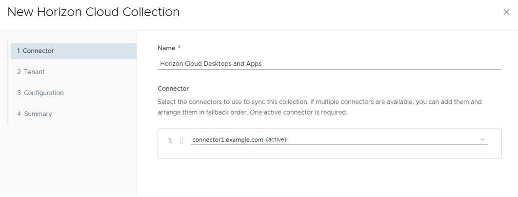 A página do conector do assistente tem uma coleção chamada Desktops e Aplicativos do Horizon Cloud e um conector ativo connector1.example.com. A página do conector do assistente tem uma coleção chamada Desktops e Aplicativos do Horizon Cloud e um conector ativo connector1.example.com.