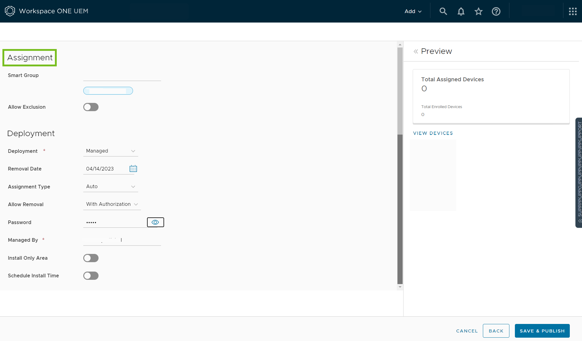 The Assignment User Interface displays options for smart group assignments with the Assignment button highlighted. The Assignment User Interface displays options for smart group assignments with the Assignment button highlighted.