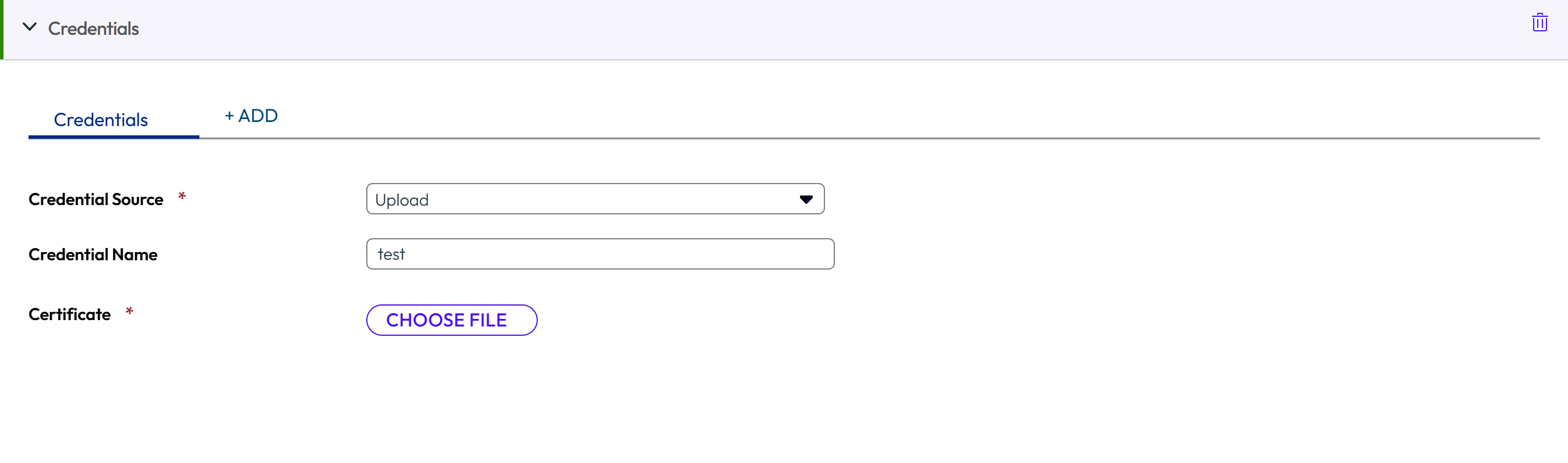 The Credential Source user interface displays options for adding settings with the Next button to proceed to the next screen.The summary displays the status of the Credential Source settings.