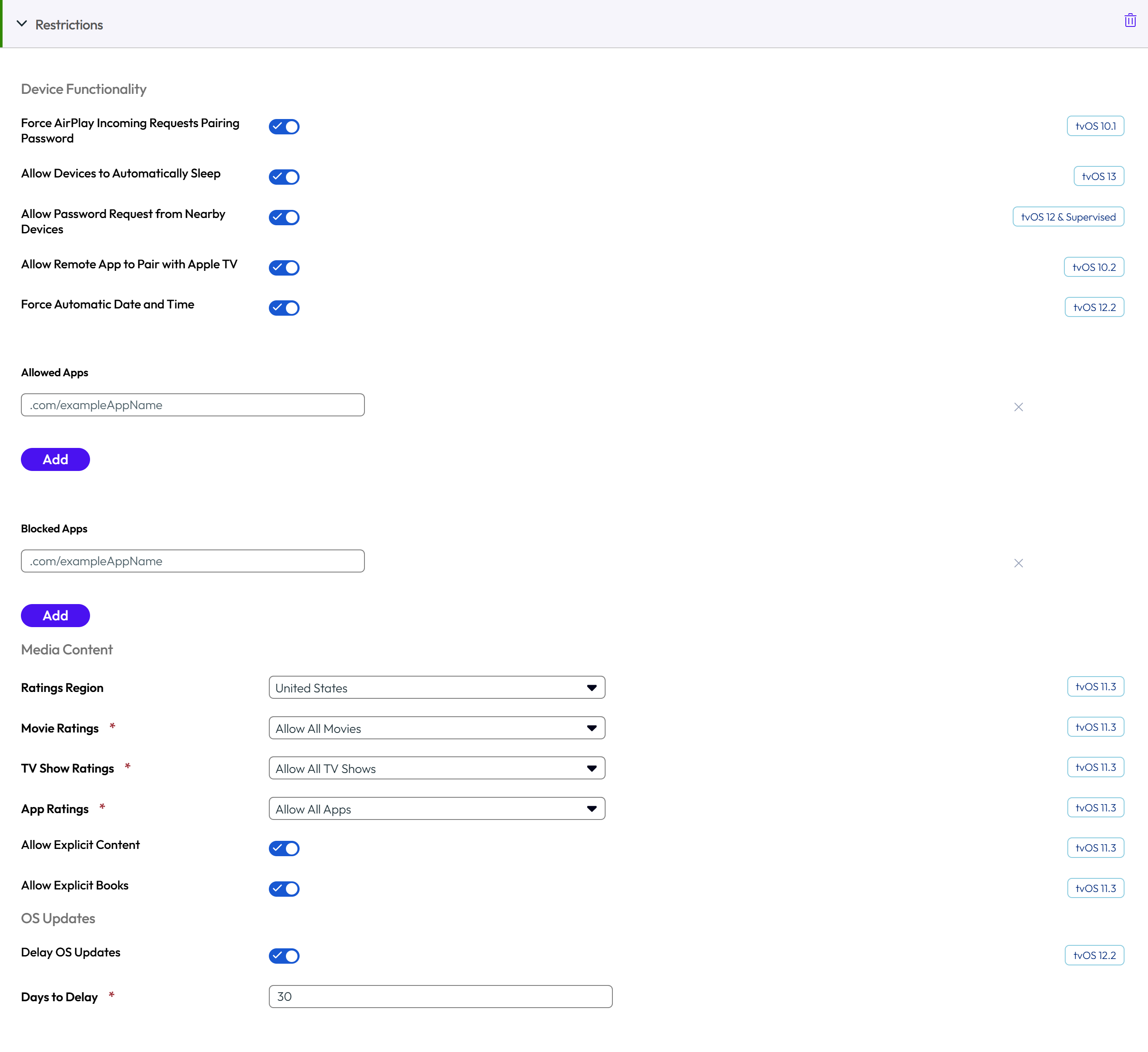 The Restrictions user interface displays the options for enabling Device functionality, Media Content, and OS updates with the Next button.