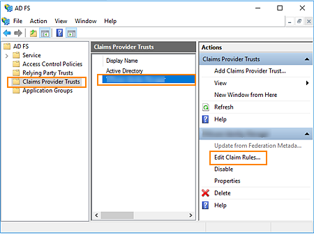 Screenshot of the Claims Providers Trust window showing the Edit Claim Rules option Screenshot of the Claims Providers Trust window showing the Edit Claim Rules option