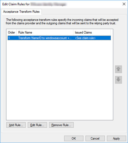 Screenshot of the Edit Claim Rules window showing the rule just created Screenshot of the Edit Claim Rules window showing the rule just created