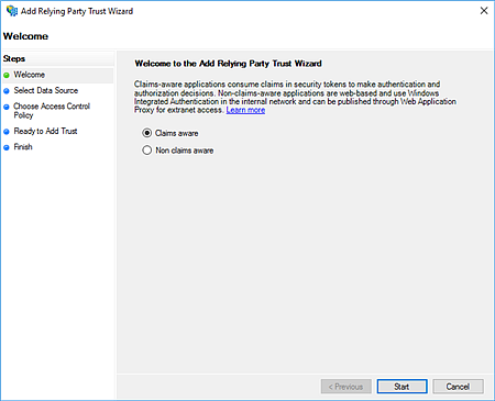 Screenshot of the Add Relying Party Trust Wizard