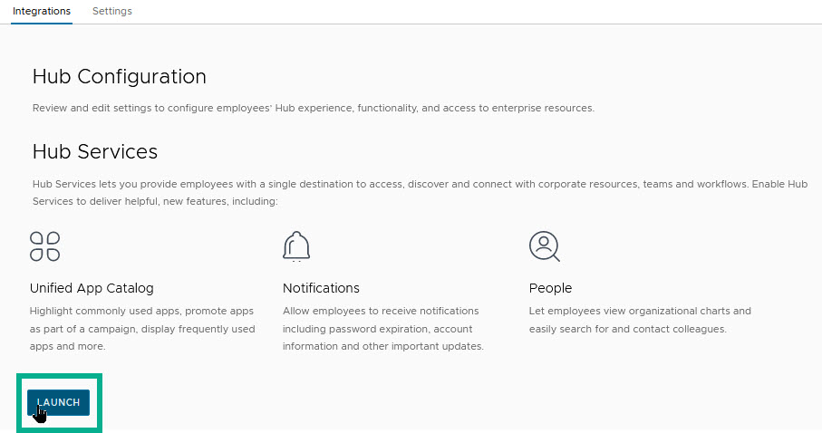 Launch Hub Services from
Omnissa Access How to go to the Hub Services console from Omnissa Access