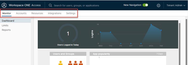 Updated Admin Console Navigation Menu Bar in New Omnissa Access Admin Console