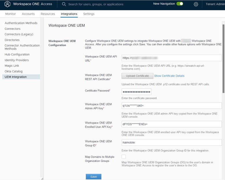 Example of configured Workspace ONE UEM integration page in Omnissa Access console