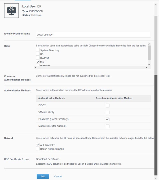 Screenshot of Create Built-In IDP page