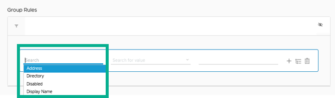 Selecting an attribute for a user group rule Selecting an attribute for a user group rule