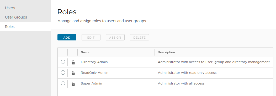 Omnissa Access admin roles list page in console