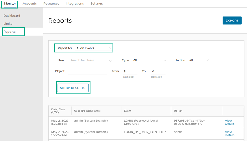 Omnissa Access Audit report from admin console.